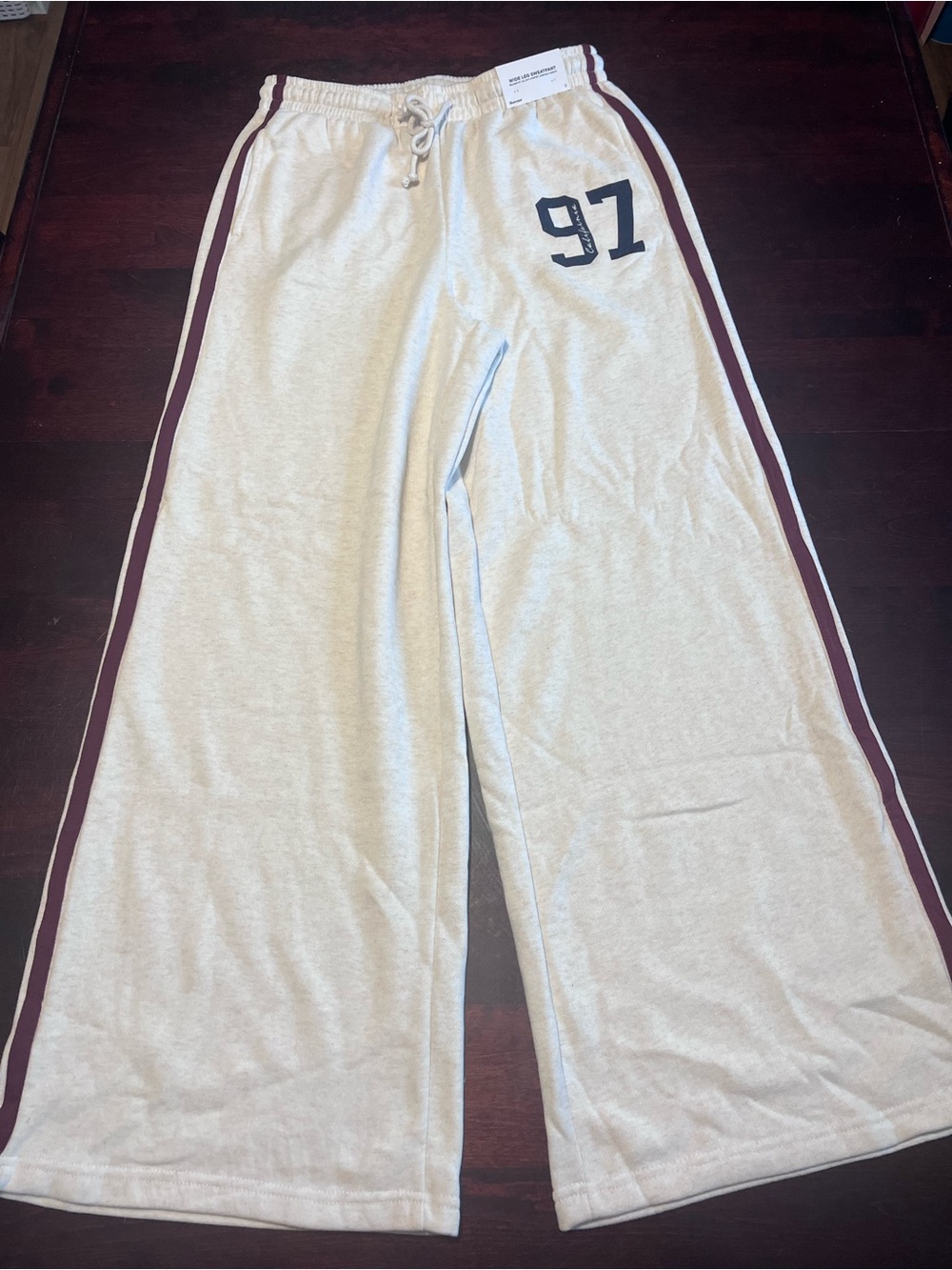 Bluenotes Cream Wide-Leg Pajama Pants with Burgundy and navy blue Side Stripes